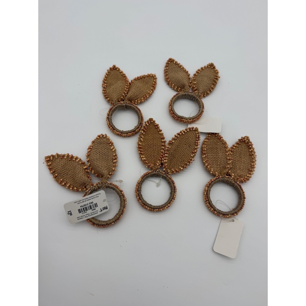 Pier 1 Bunny Ear Napkin Rings Set of 6 Tan Burlap Wood Bead Easter Farmhouse‎